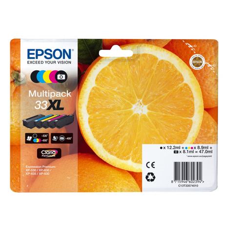 Epson Orange Multipack 5-Färger 33xl Claria Premium Ink Original Färgämnesbläck / Pigmentbaserat Bläck Svart Cyan Magenta Fotosvart Gul Epson - Expression Premium Xp-900 Expression Premium Xp-830 Expression Premium Xp-645 Expre
