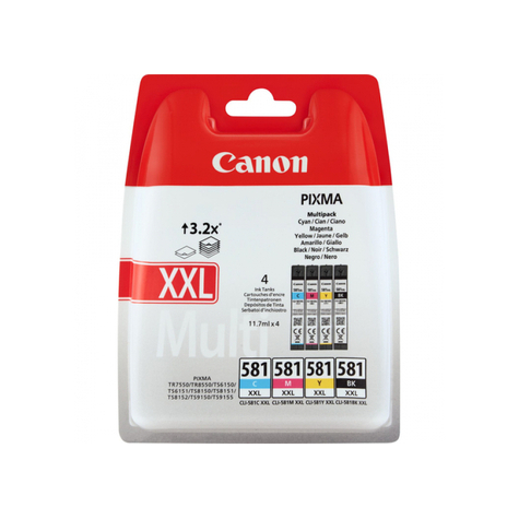 Canon Cli-581xxl Multipack Original Pigmentbaserat Bläck Svart Cyan Magenta Gul Canon Pixma Ts8152 Pixma Ts8150 Pixma Ts6150 Pixma Ts8151 Pixma Ts6151 Pixma Ts9150 Pixma Ts9155 Pixma... 11,7 Ml